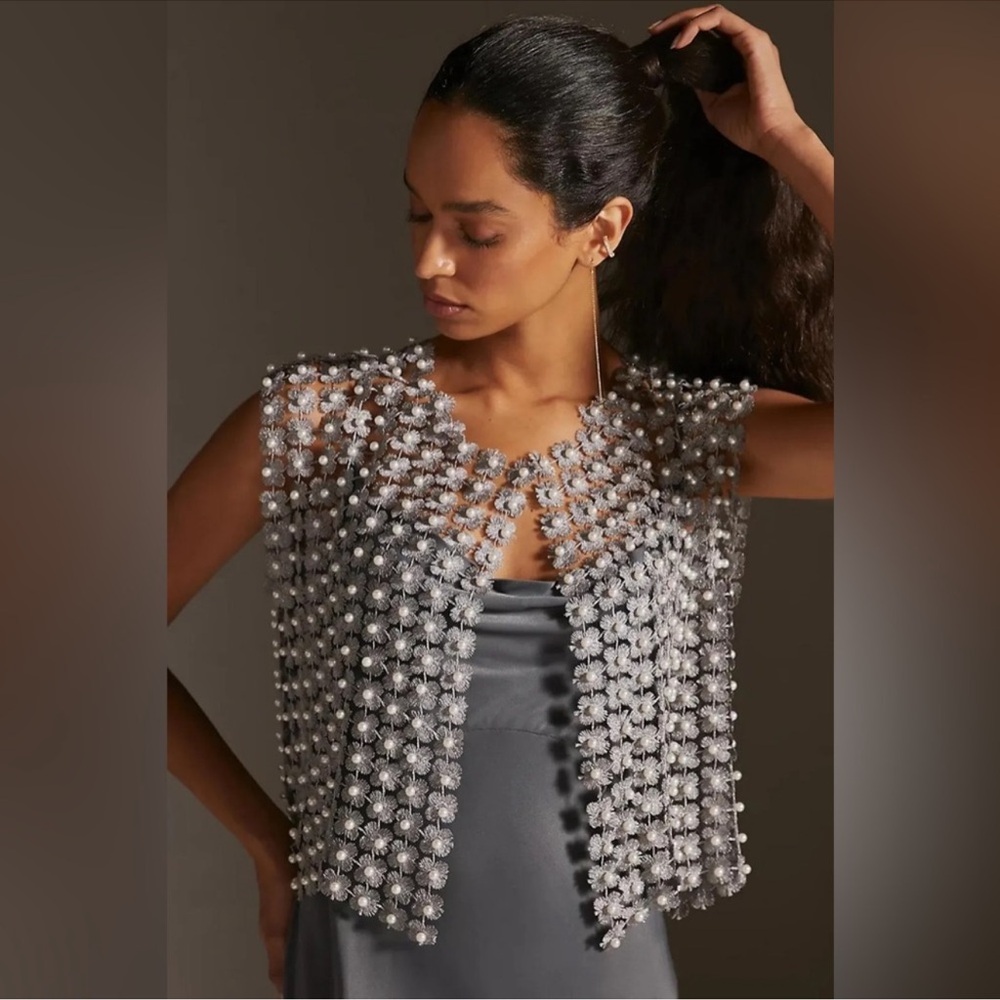 Anthro silver & pearl floral beaded mesh capelet top shawl NEW one size